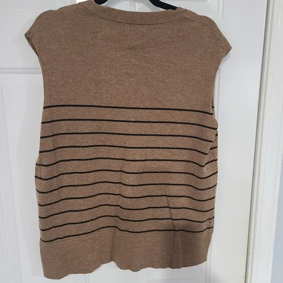 John + Jenn Womens Medium Tan Black Striped V-Neck Button Front Cardigan Sweater - Picture 6 of 11
